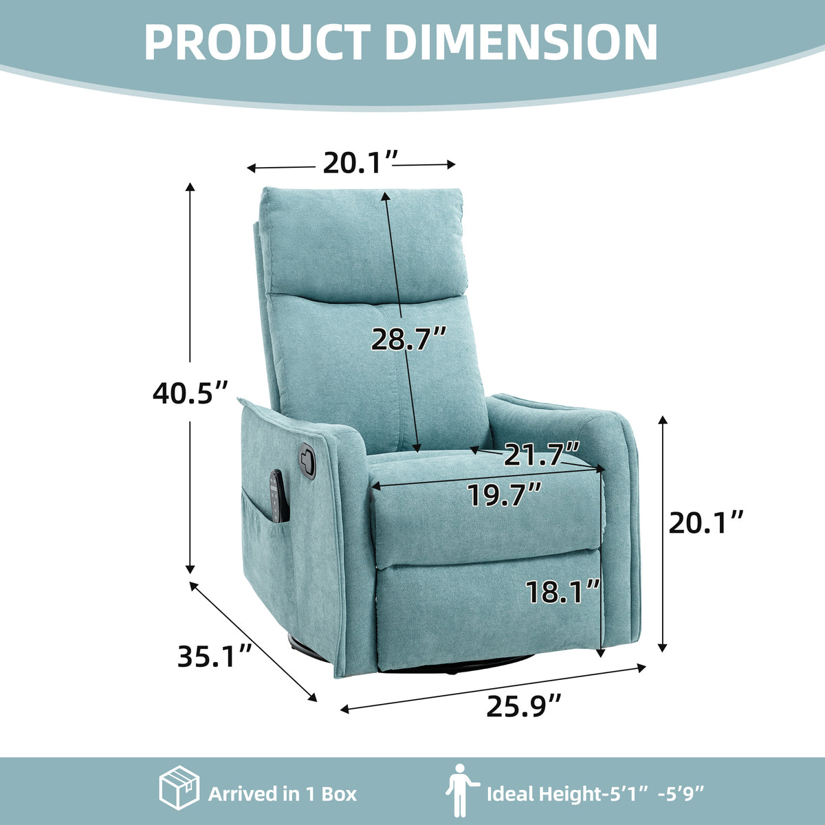 Heat Massage Manual Recliner Chair with Rocker and Swivel in Fabric for Living Room, Blue-Green