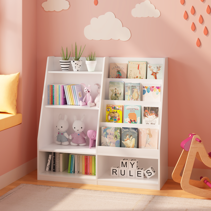 Kids Bookshelf and Toy Storage Organizer, Multifunctional 4 Tier Wooden Kids Book Shelf with Bookcase Display Stand in Kids Room Playroom Nursery for Kids, Children, Toddlers (White)