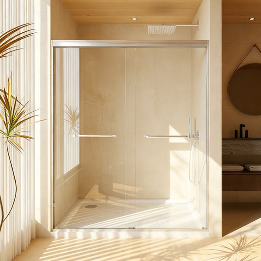 56-60" x 72" Tempered Glass, Aluminum Frame Double Sliding Shower Door, '1/4, Stainless Steel handle, Brushed Nickel