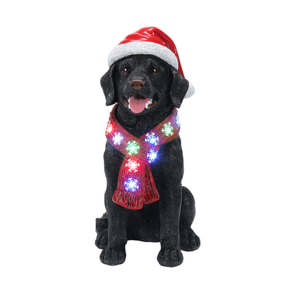 Lighted Christmas Golden Retriever Dog Statue, Santa Hat Puppy Figurine with LED Scarf