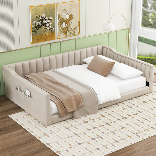 Full XL Size Upholstery Daybed and Side Storage pocket, Beige