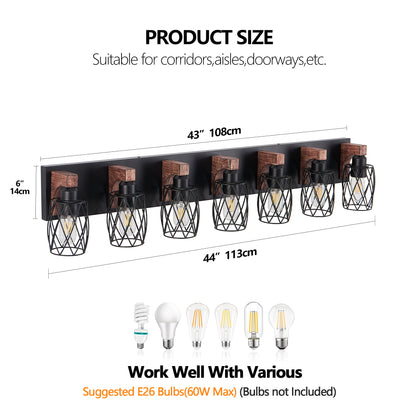 Industrial Vintage 7-Light Wall Sconce - Black Cage Wall Lighting Fixture with Wooden Accents, or Living Room (Bulb Not Included)
