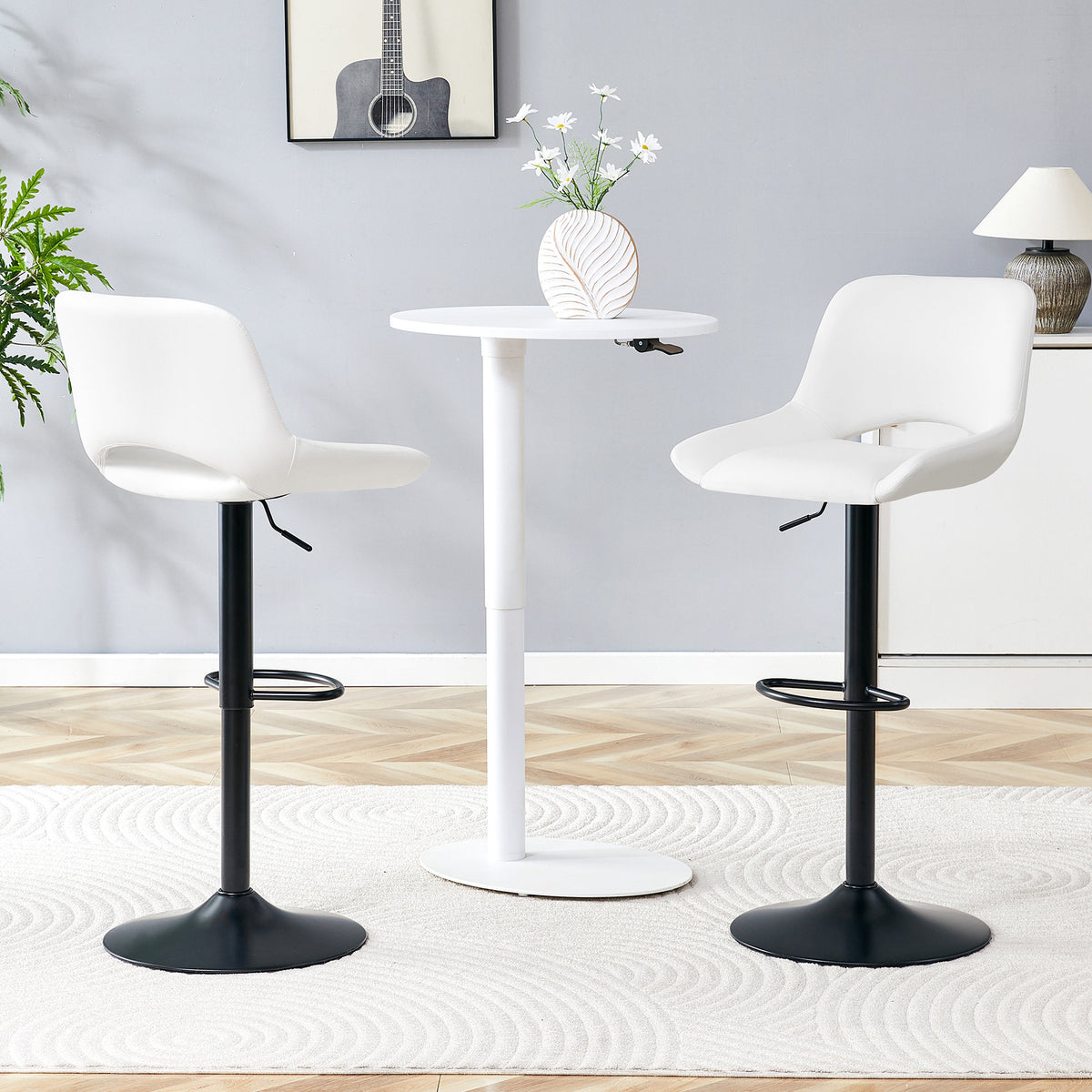 Modern Swivel Adjustable Bar Stools Set - 2 Pack, White PU Material, with Footrest, Holds Up to 250 lbs