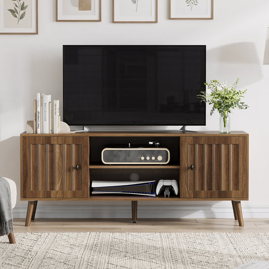 Mid-Century Modern 55-inch Wooden TV Cabinet with Vertical Groove Doors, Adjustable Shelves, Walnut Finish