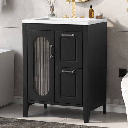 24' Bathroom Vanity with Sink, Bathroom Vanity Cabinet with Two Drawers and Door, Adjustable Shelf, Solid Wood and MDF, Black(Old SKU:N725P245273B)
