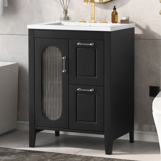 24' Bathroom Vanity with Sink, Bathroom Vanity Cabinet with Two Drawers and Door, Adjustable Shelf, Solid Wood and MDF, Black(Old SKU:N725P245273B)