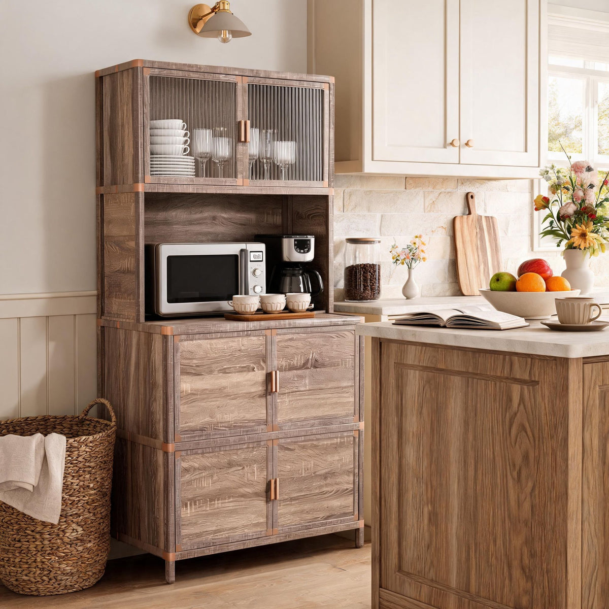 Tall Storage Cabinet, 31.50" W x 19.69" D x 65.75" H, Freestanding Indoor & Outdoor Storage Cabinet with Ribbed Acrylic Doors, 6-Door Utility Cabinet for Kitchen, Entryway, Patio & Garage