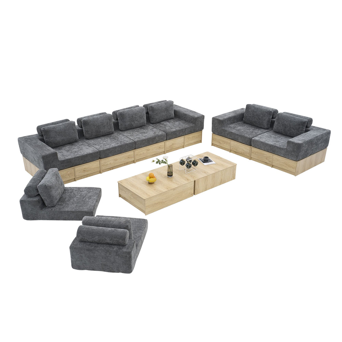 8-seat Modular Sectional Sofa with Storage Drawers, Multi-Functional L-Shaped Couch with Built-In Cabinet Base and Center Table Design, Convertible Combination Sofa Set, Modern Upholstered Sofa