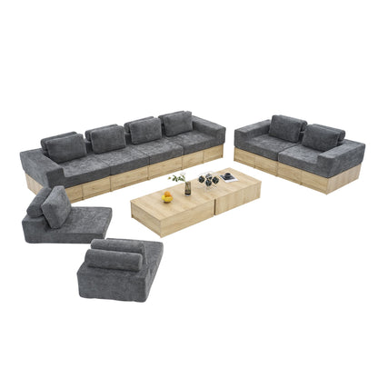8-seat Modular Sectional Sofa with Storage Drawers, Multi-Functional L-Shaped Couch with Built-In Cabinet Base and Center Table Design, Convertible Combination Sofa Set, Modern Upholstered Sofa