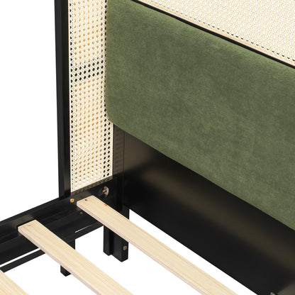 Queen Size Bed Frame with Green Headboard, Black with Green Solid Wood  Bed, No Box Spring Required, Modern Bedroom Furniture
