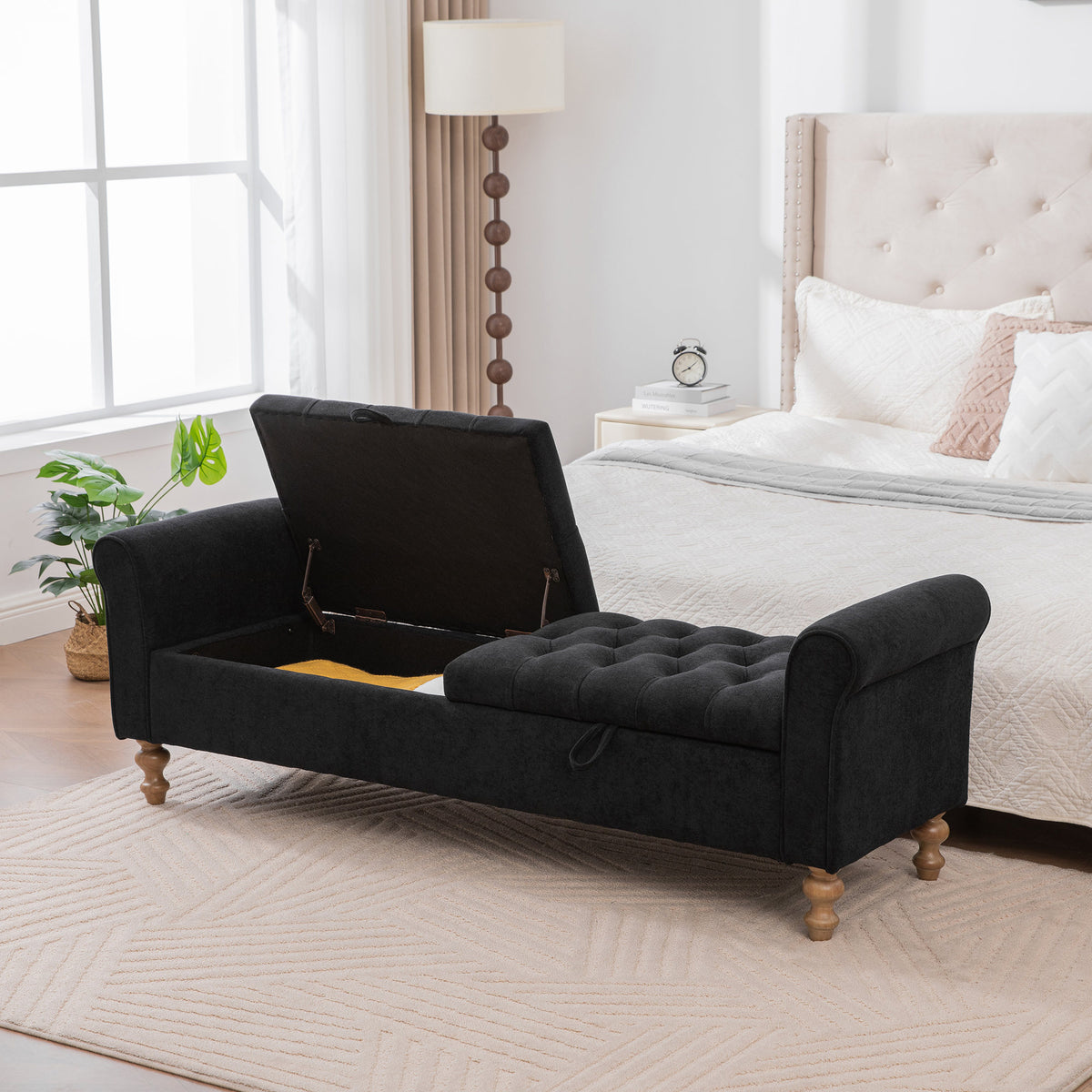 65.75" Wide Modern Upholstered  Storage Bench With Double Lids, Napped fabric Foot Stool With Rolled Armrest, Bench Daybed With Rubberwood Legs For Living Room, Entryway, Dormitory, Bedroom,Black