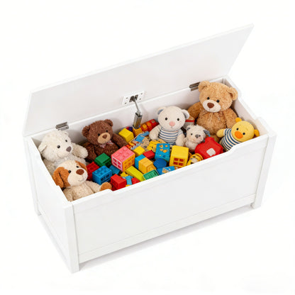 Kids Wooden Toy Box Storage with Safety Hinged Lid for Ages 2+ - White
