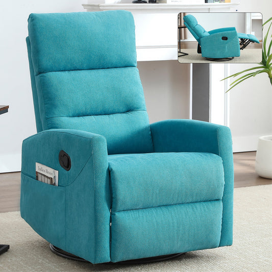 Manual Recliner Chair with Rocker and Swivel in Fabric, Blue