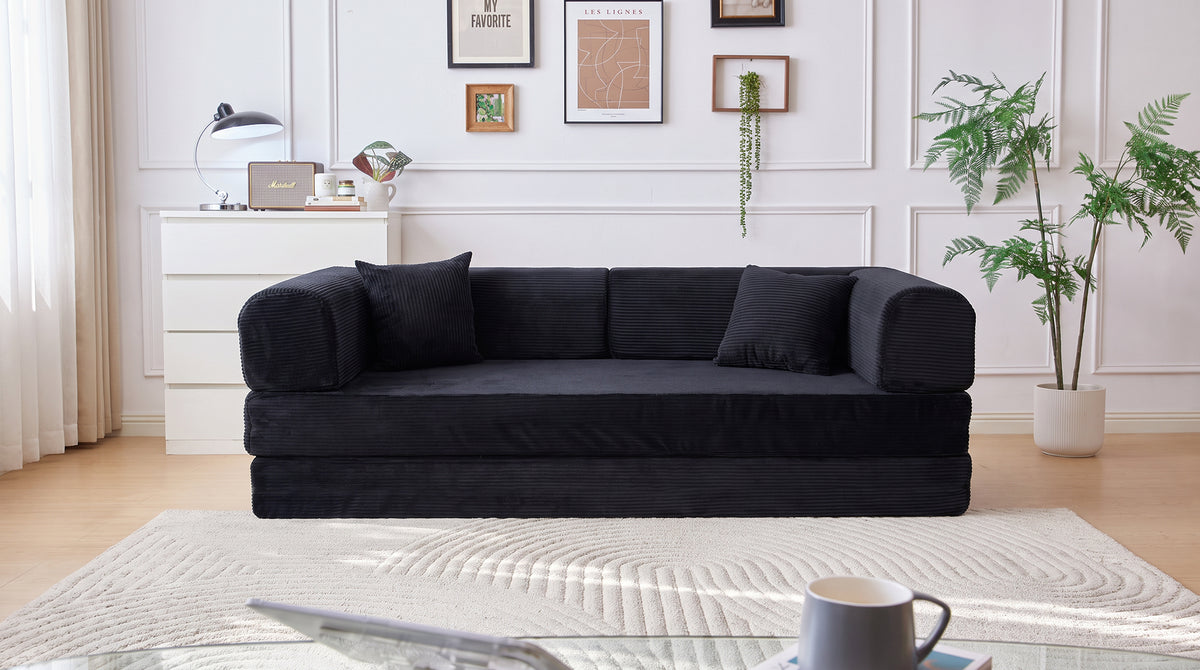 Convertible Sofa Bed, Folding Floor Couch Corduroy Fold Out Couch Bed Futon Sleeper Mattress with Pillows, Boneless Sofa for Living Room Bedroom,BLACK