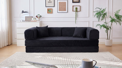 Convertible Sofa Bed, Folding Floor Couch Corduroy Fold Out Couch Bed Futon Sleeper Mattress with Pillows, Boneless Sofa for Living Room Bedroom,BLACK
