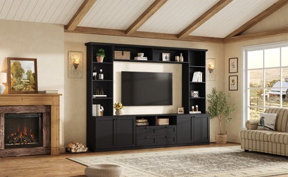 Farmhouse Elegant Entertainment Center Wall Unit with 4 Drawers, Modern Built in TV Stand with Bridge for TVs Up to 70", All-in-One Media Console with Adjustable Shelves for Living Room, Black