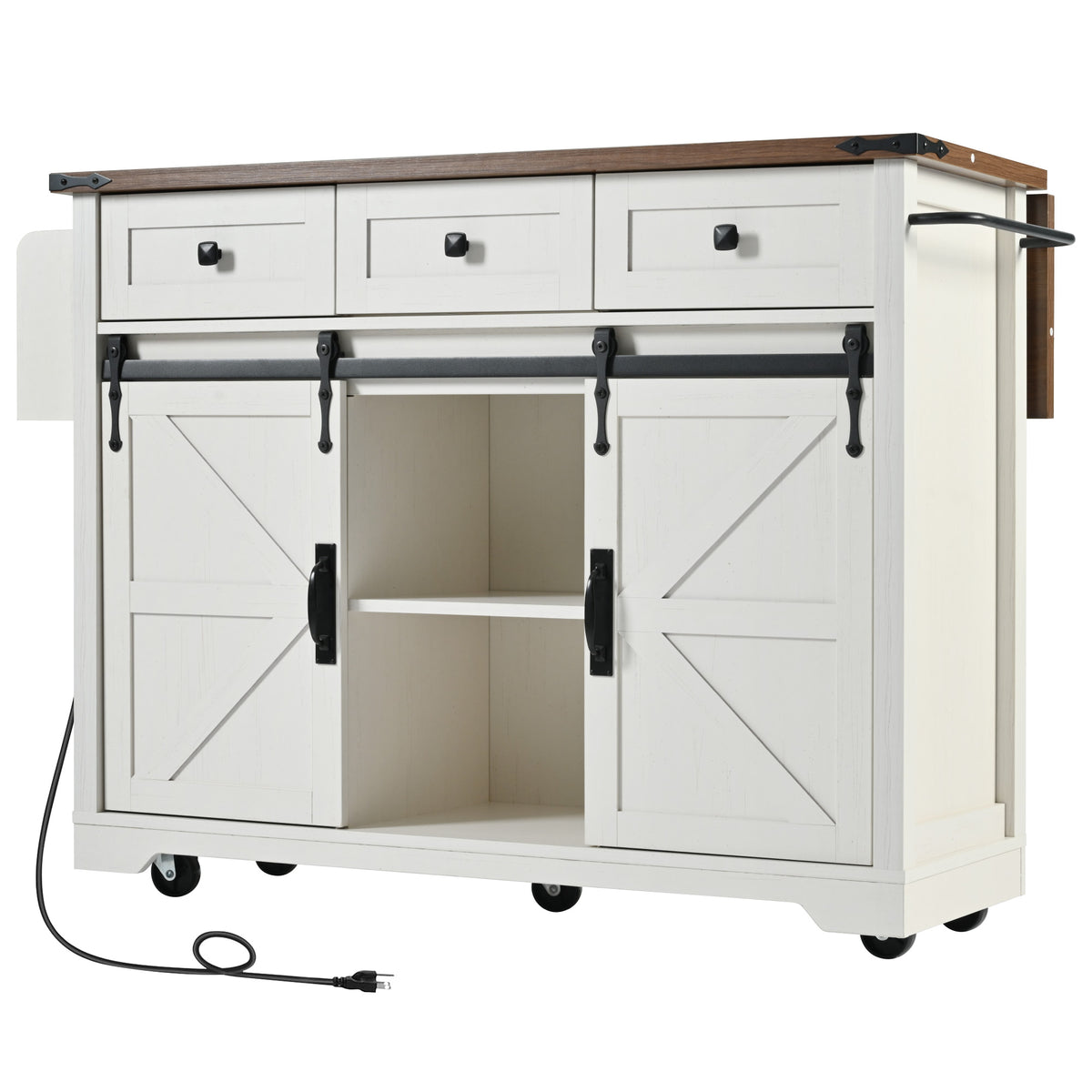 K&K 53.7" Farmhouse Kitchen Island with Power Outlet, 2 Sliding Barn Door Kitchen Storage Island with Drop Leaf – Model N707S170347W