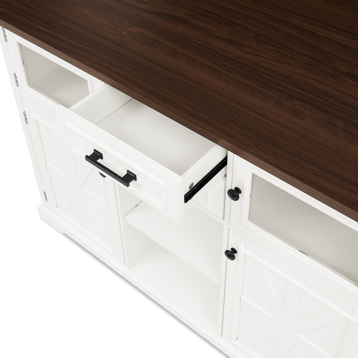 47.2" Kitchen Island with Drop Leaf, Power Outlet, Rolling Kitchen Storage Cart on 4 Wheels with 4 Door Shelves, Cross Barn Doors & Visual Glass Door for Kitchen,White
