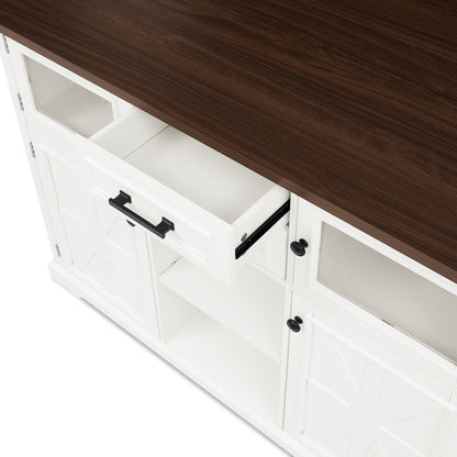 47.2" Kitchen Island with Drop Leaf, Power Outlet, Rolling Kitchen Storage Cart on 4 Wheels with 4 Door Shelves, Cross Barn Doors & Visual Glass Door for Kitchen,White