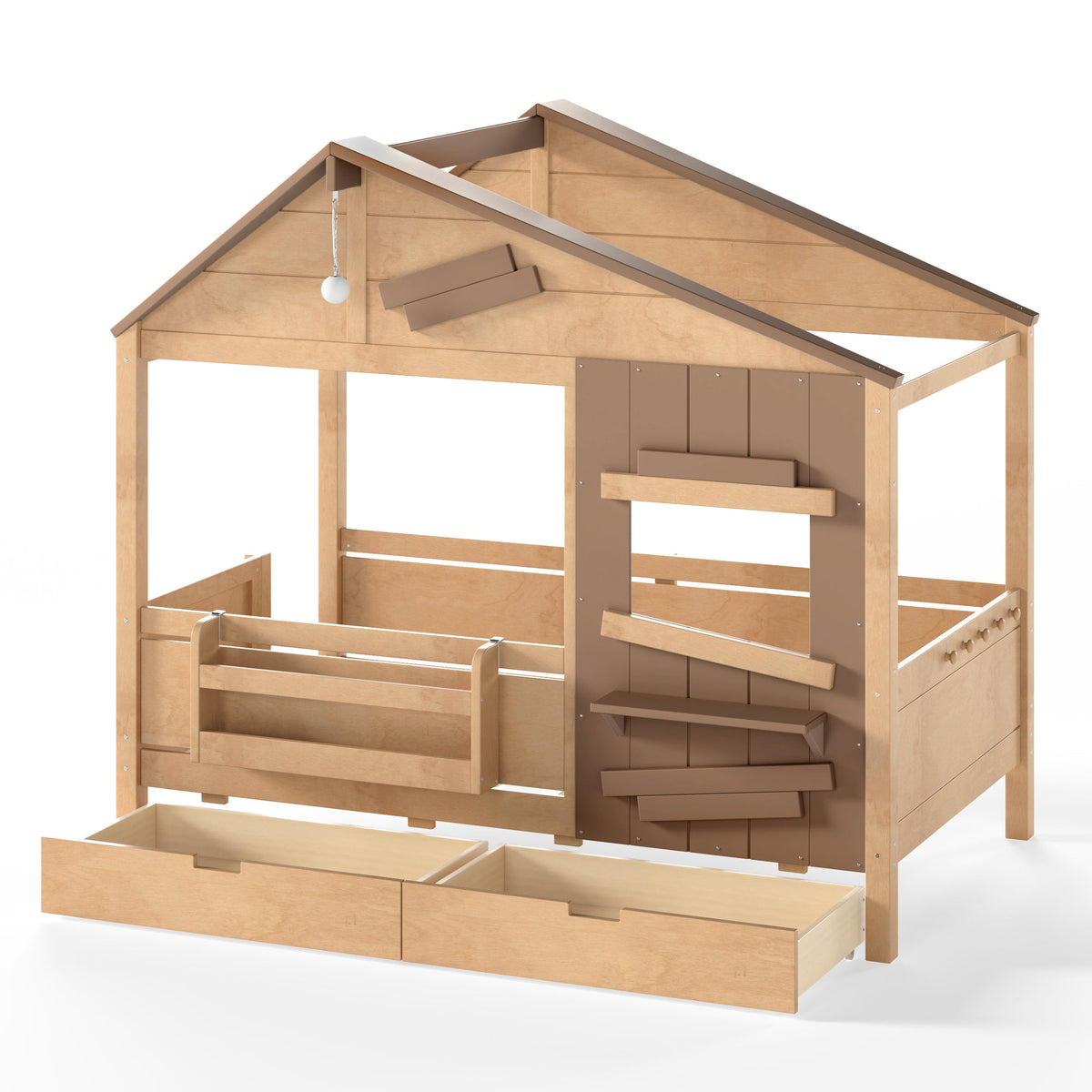 Twin Size Farmhouse Spliced House Bed with Window Shelf & Side Hooks, Playhouse Bed Frame with Underbed Storage Drawers and LED,Light Natural