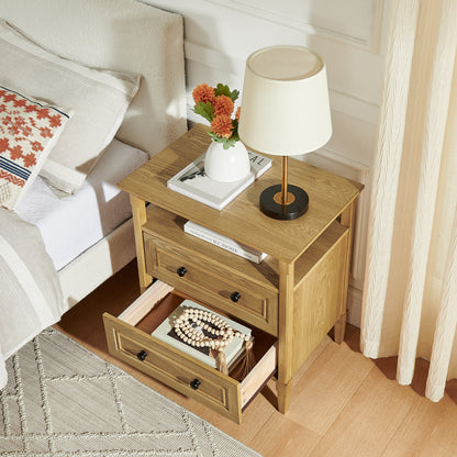 Wooden Bedside Nightstand with Open Cubby & 2 Storage Drawers, Freestanding Bedroom Side Cabinet for Bedside & Living Room Use