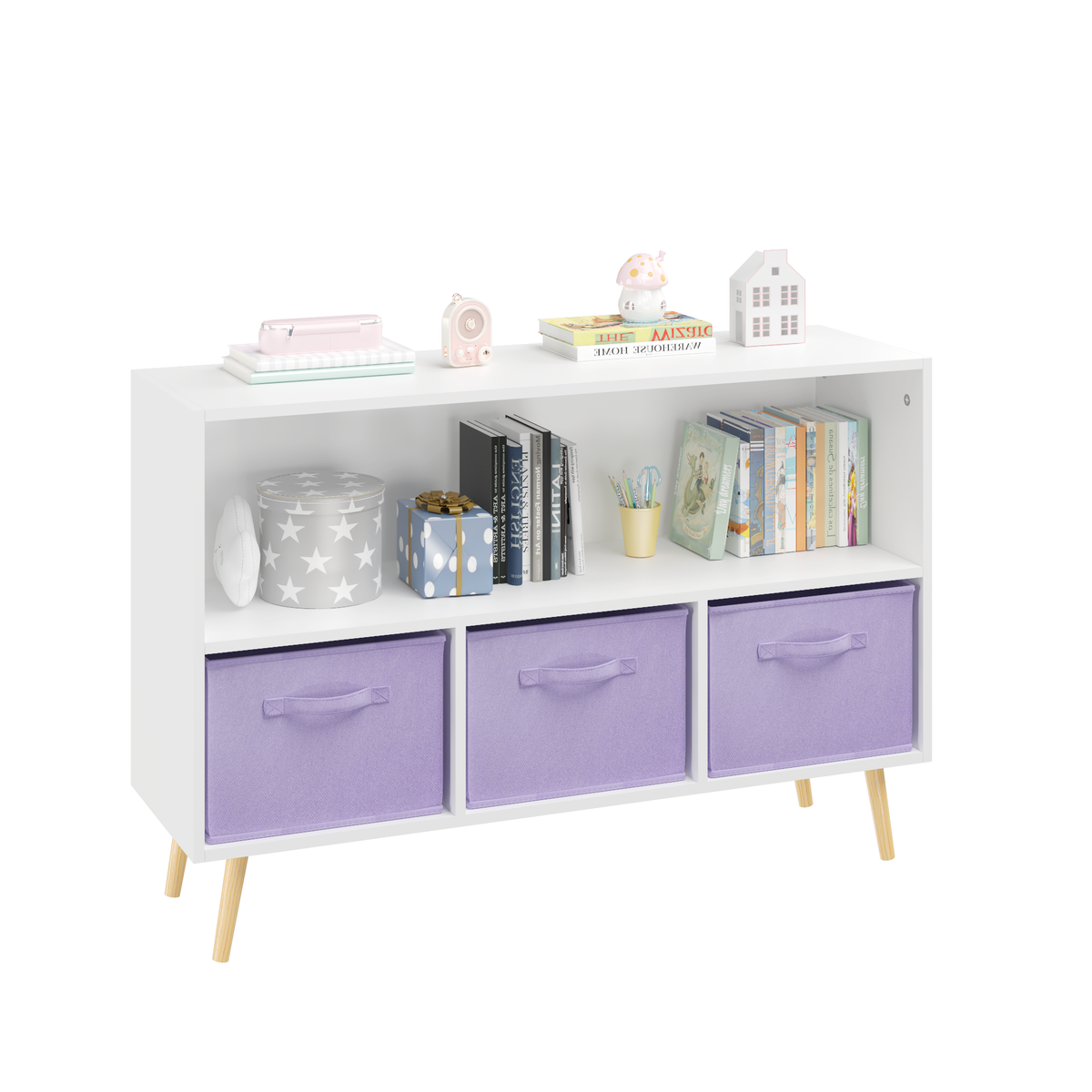 Kids bookcase with Collapsible Fabric Drawers, Children's Book Display, Toy Storage Cabinet Organizer, White/Purple