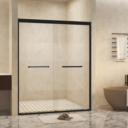 Modern Matte Black Aluminum Frame Double Sliding Shower Door, 50-54' W × 72' H, 6mm Tempered Glass with Explosion Proof Film, Stainless Steel Handle