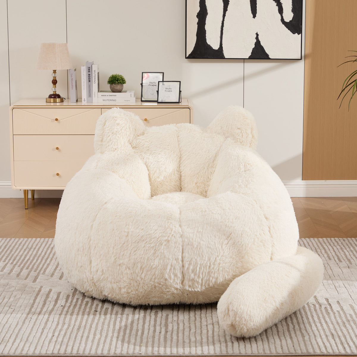 41.7'' W Boneless Single Sofa, Faux Fur Large Bean Bag, Cat Shaped with Tail Pillow Fluffy Beanbag, Comfy Accent Floor Chair for Reading, Gaming Nap Lounge in Living Room Bedroom Dorm Apartment, Beige