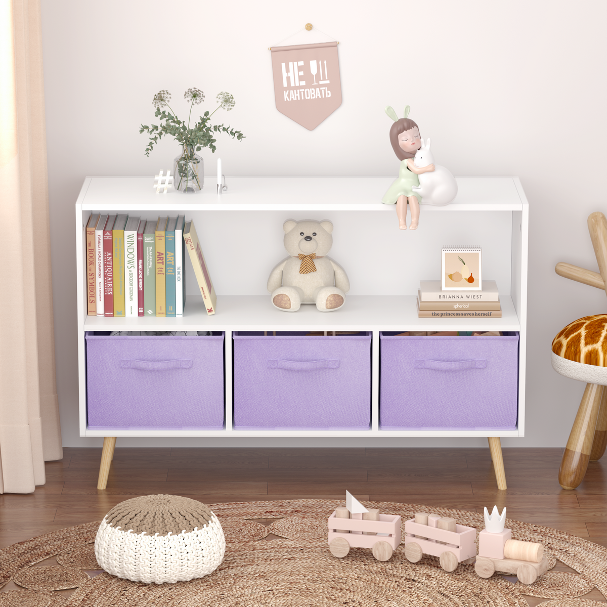 Kids bookcase with Collapsible Fabric Drawers, Children's Book Display, Toy Storage Cabinet Organizer, White/Purple