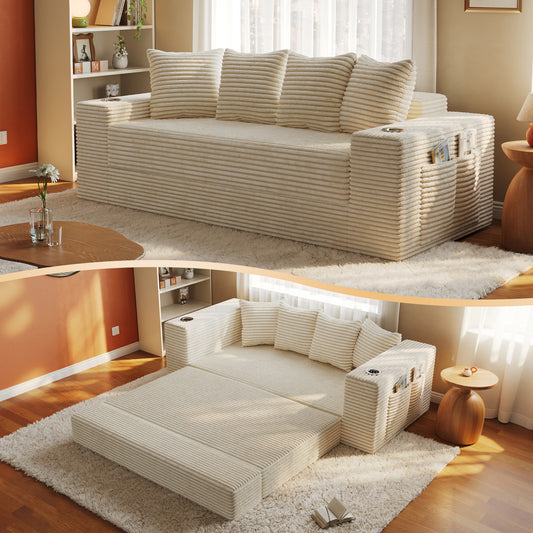 77-Inch Frameless Teddy Couch Bed, Boneless Corduroy Convertible Sofa with Cup Holders, Side Storage and 30 High-Density Foam, Compressed Floor Sleeper Sofa, Cream