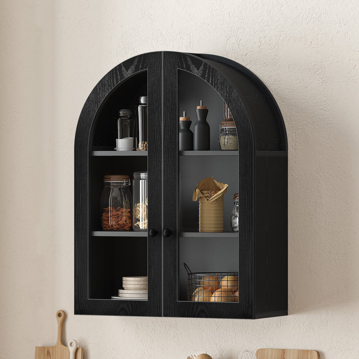 Arched Wall Mounted Cabinet, Wood Veneer Wall Storage Cabinet with Tempered Glass Doors, Adjustable Shelf, Easy Hanging Hardware Included, Decorative Floating Wall Cabinet for Laundry Room, Black