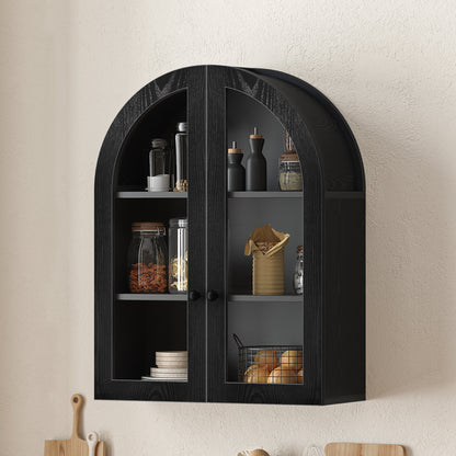 Arched Wall Mounted Cabinet, Wood Veneer Wall Storage Cabinet with Tempered Glass Doors, Adjustable Shelf, Easy Hanging Hardware Included, Decorative Floating Wall Cabinet for Laundry Room, Black