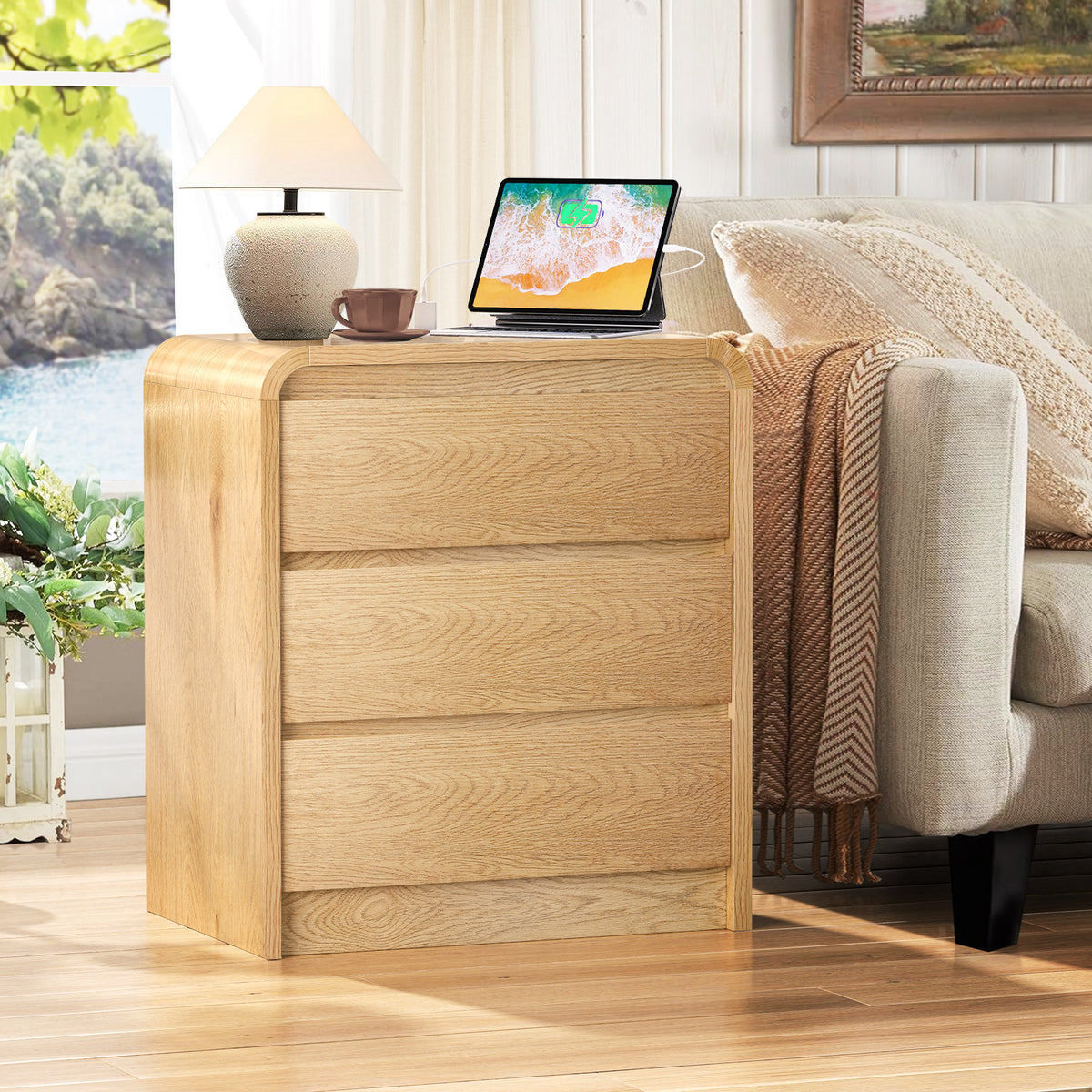 Modern Night Stand with Charging Station, 25" Tall Wood Nightstand Bedside Table with 3 Drawers & USB Ports, Mid-Century End Table for Bedroom (Nature Smooth, 3 Drawers)