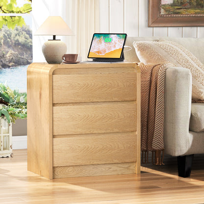 Modern Night Stand with Charging Station, 25" Tall Wood Nightstand Bedside Table with 3 Drawers & USB Ports, Mid-Century End Table for Bedroom (Nature Smooth, 3 Drawers)