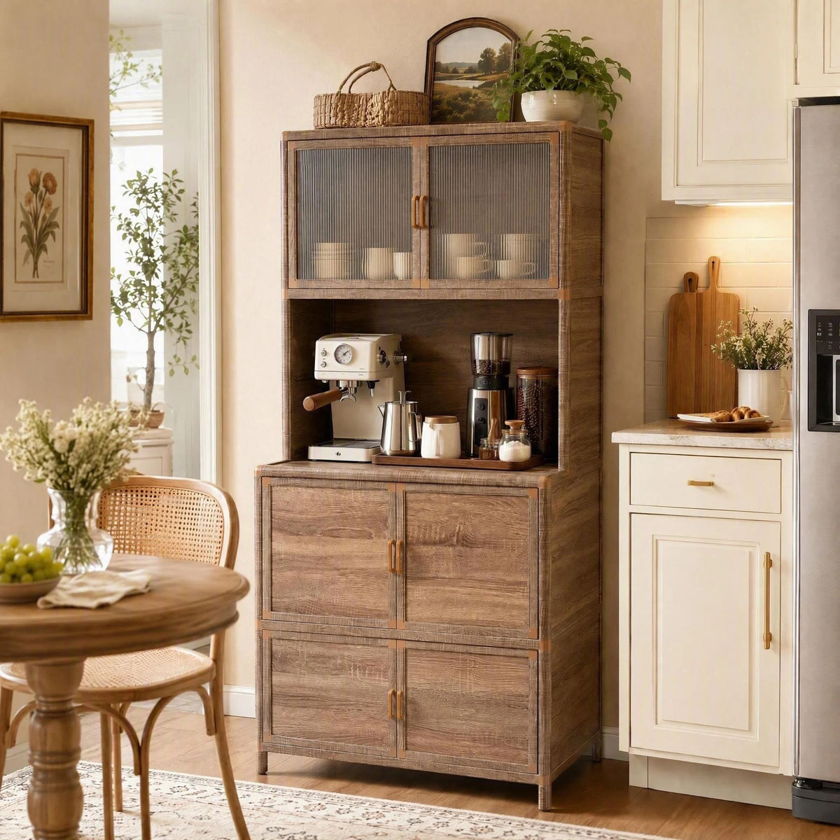 Tall Storage Cabinet, 31.50" W x 19.69" D x 65.75" H, Freestanding Indoor & Outdoor Storage Cabinet with Ribbed Acrylic Doors, 6-Door Utility Cabinet for Kitchen, Entryway, Patio & Garage