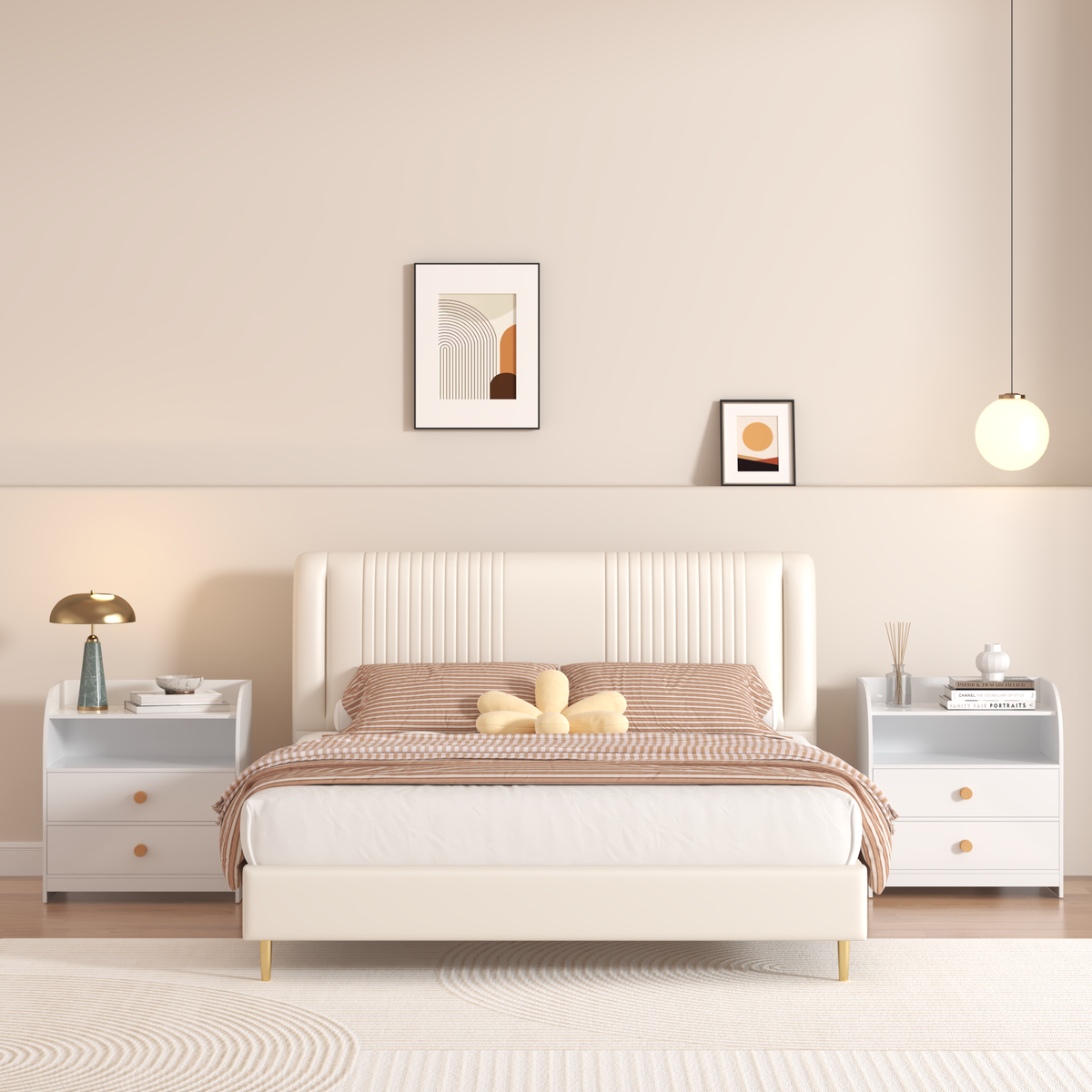White Nightstand with 2 Drawers and Open Shelf, MDF Bedside Table with Curved Side Panels, Modern End Table for Bedroom, Kids Room, Nursery, Living Room, Storage Cabinet for Adults and Children