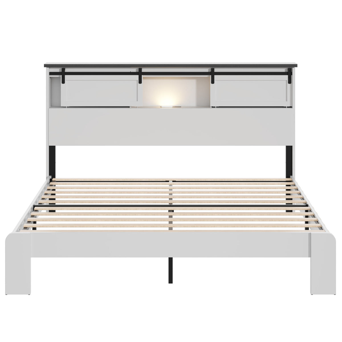 King size bed, metal bed frame with charging station, no need for box spring, (white), no noise, easy to assemble.