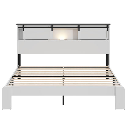 King size bed, metal bed frame with charging station, no need for box spring, (white), no noise, easy to assemble.
