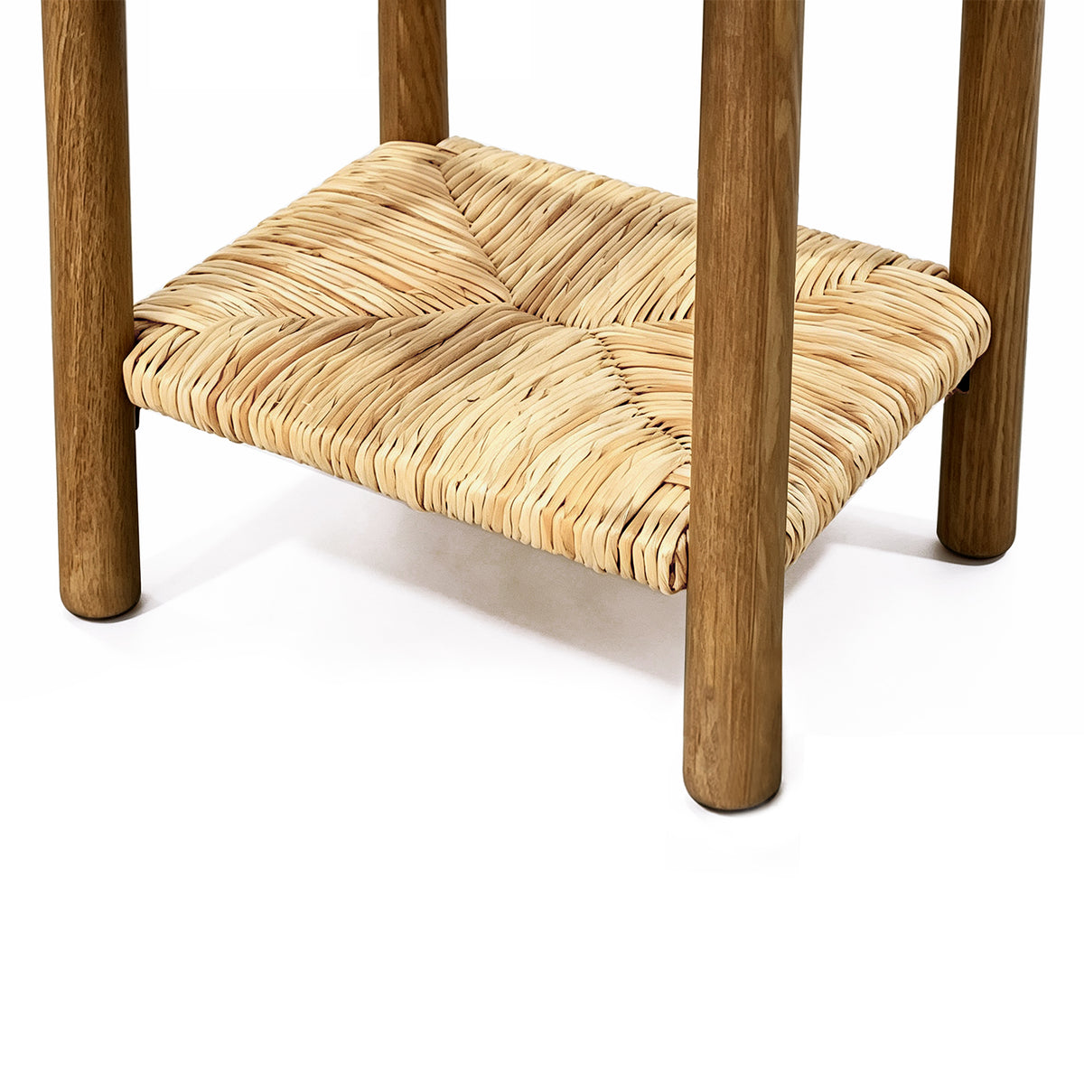 Walnut Ainsley Nightstand Side End Table with Rounded Edge Tabletop, Solid Wood Round Legs, Woven Jute Storage Shelf & Drawer, for Bedroom Living Room