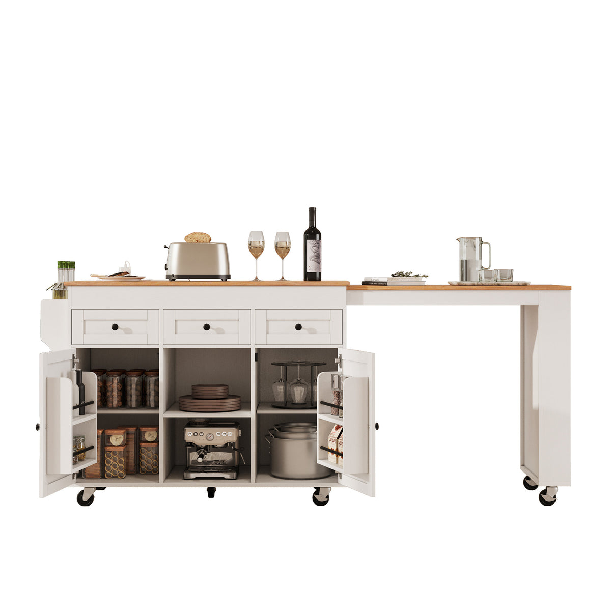 K&K 85.5" Kitchen Island with Extendable Dining Table, Kitchen Storage Table with 3 Side Open Shelves – White