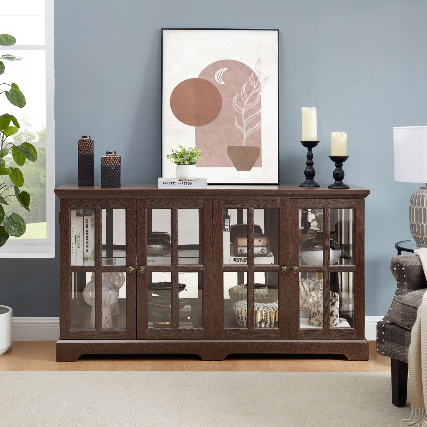 LED Curio Display Cabinet Antique Display Cabinet with Glass Doors Adjustable Shelves for Collectibles Four Door Design Vintage Showcase for Home or Office Antique Display Case CHERRY