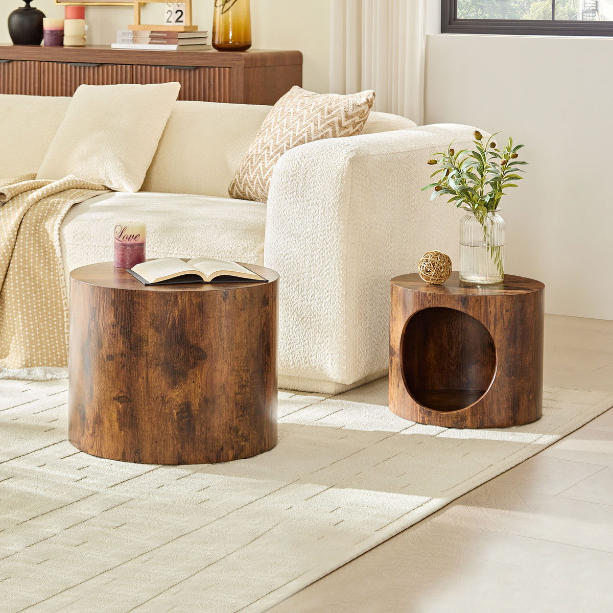 Cat Nest Nesting Stool Set Round Nesting Coffee Table Set of 2 for Living Room,No Assembly Dark Brown