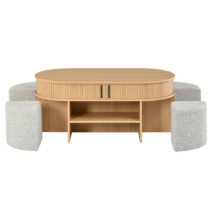 U-Can Multi-Functional Oval Coffee Table with Storage & 4 Fabric Stools