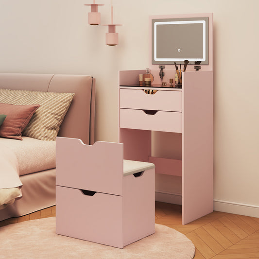 Dressing Table and Stool, 3-in-1 Multifunctional Dressing Table Set, Featuring Three-color Lighting Modes, HD Mirror, Two Sliding Drawers