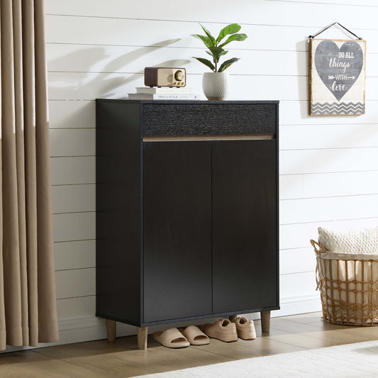 Shoe storage entryway cabinet with one drawer two doors and four shelves beveled edge handle grips black and dark taupe color