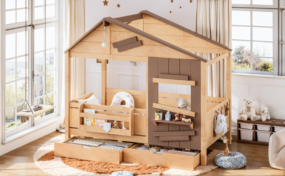 Twin Size Farmhouse Spliced House Bed with Window Shelf & Side Hooks, Playhouse Bed Frame with Underbed Storage Drawers and LED,Light Natural