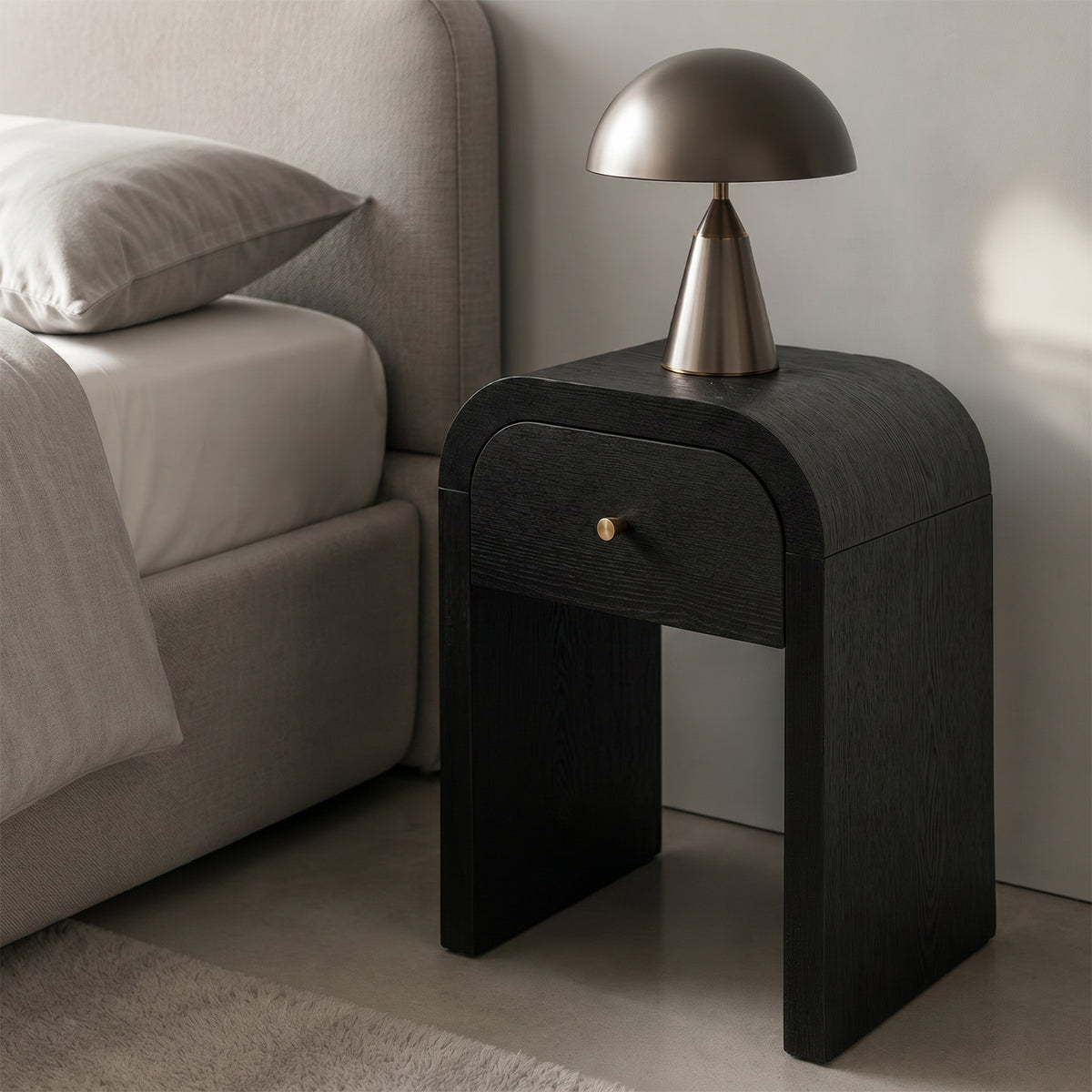 Curved black wooden side table with 1 drawer Nightstand Side End Table with Rounded Edge Tabletop for Bedroom Living Room