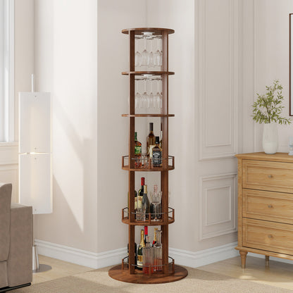 73" Tall Round Wine Rack, Freestanding Wine Bar Cabinet With 360° Rotating Design Wine Glass Rack, 360° Smooth Rotation & Stable Base, 3-Tier Storage Shelf, MDF & Metal, Walnut