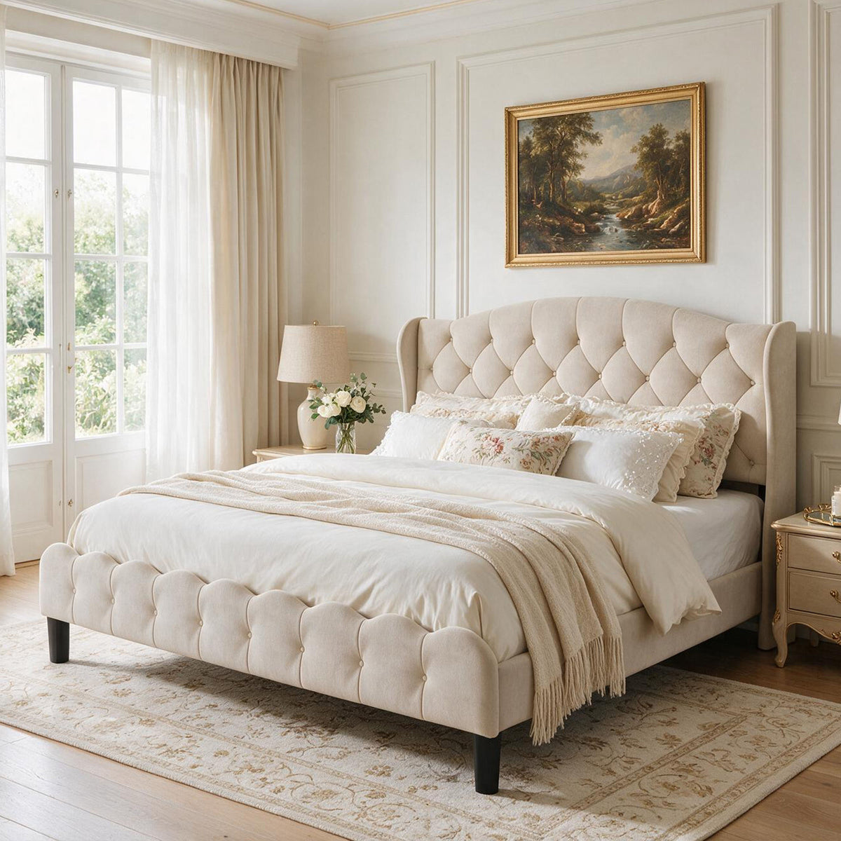 King Size Upholstered Platform Bed Frame with Velvet Tufted Headboard, Heavy Duty Metal Slats Support, No Box Spring Needed, Modern Wingback Design, Cream Beige