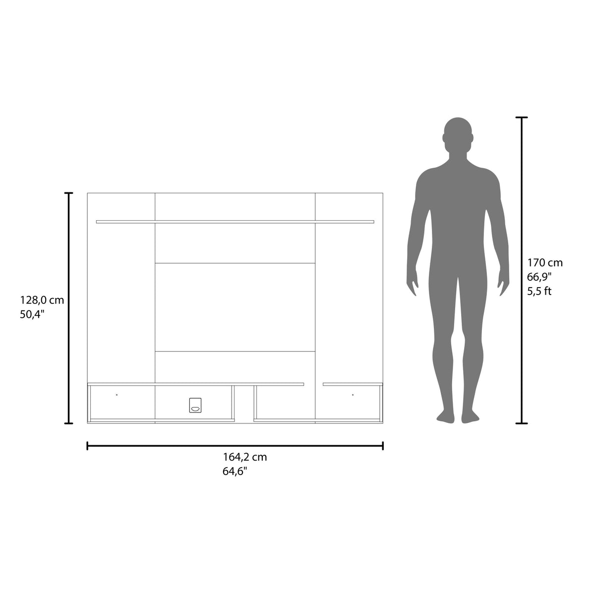 Colorado Wall Mounted TV Panel with Floating Media Console and Open Storage Shelves,Natural Oak